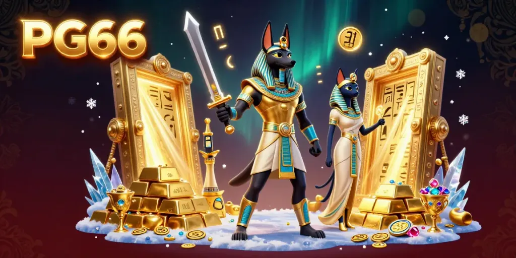 Experience the grandeur of PG66 with enchanting Egyptian themes and treasures in this 3D casino artwork.