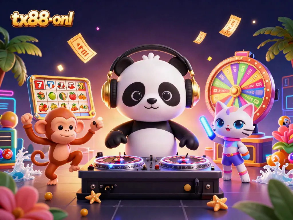 Engage with tx88-onl's vibrant casino scene featuring a DJ panda, breakdancing monkey, and glow-stick kitten.