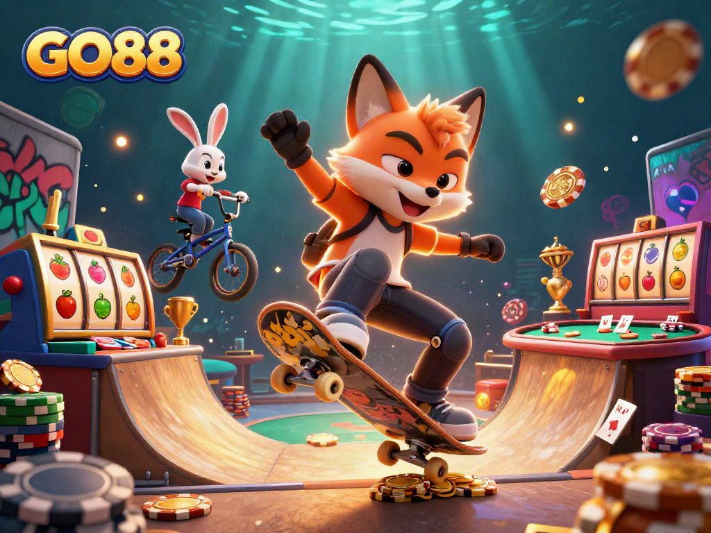 Experience GO88 with a dynamic 3D skateboarding fox and rabbit among casino symbols and slot reels.