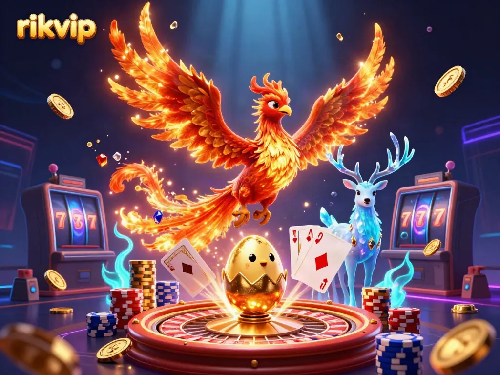 Engage with the captivating rikvip scene featuring a phoenix and casino elements.