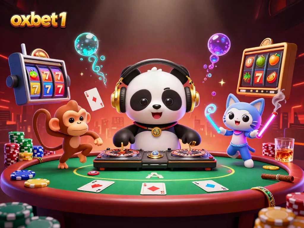 Experience thrilling games at oxbet1 with vibrant characters and casino elements in a dynamic 3D illustration.