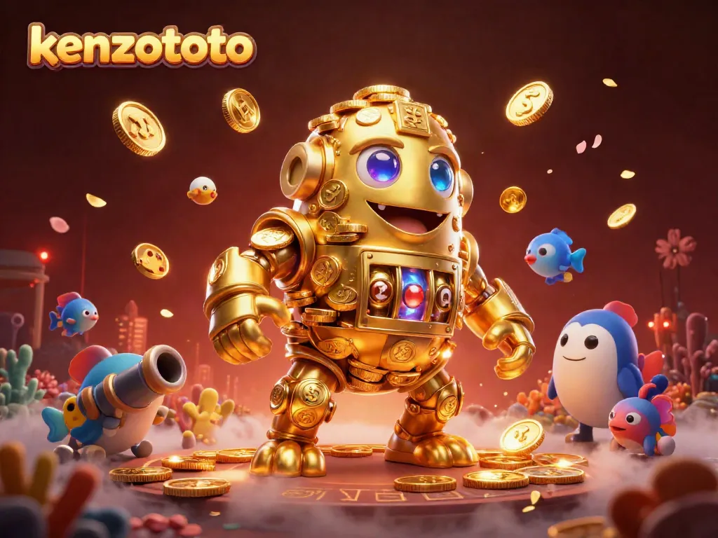 Experience the excitement of kenzototo with a golden golem surrounded by colorful fish game elements.