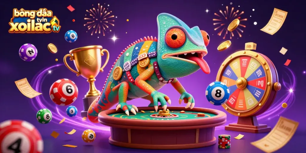 Engage with bóng đá trực tuyến xoilac tv in a vibrant scene filled with colorful sports elements and the energetic chameleon.
