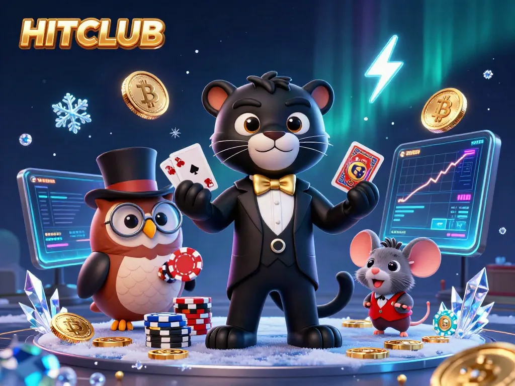 Engage with HITCLUB's premium gaming experience through a vibrant 3D casino scene featuring adorable characters and dynamic elements.