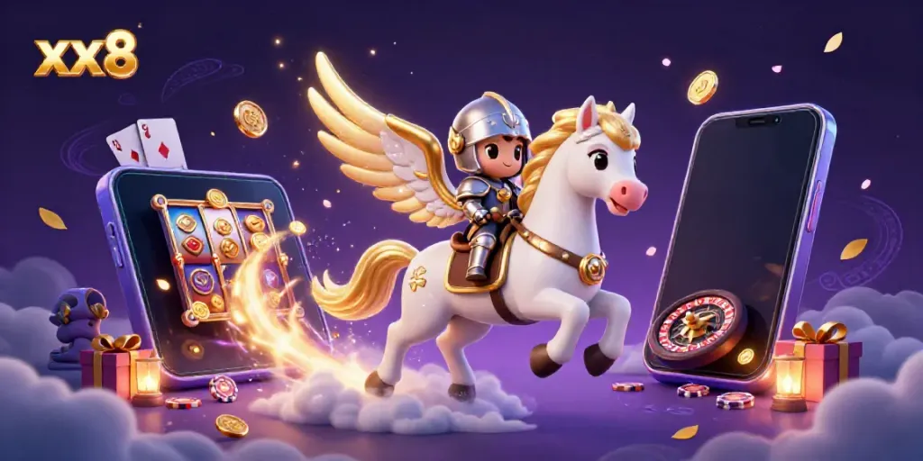 Experience the thrill of winning at xx8 with a celestial scene featuring a horse, knight, and vibrant gaming elements.