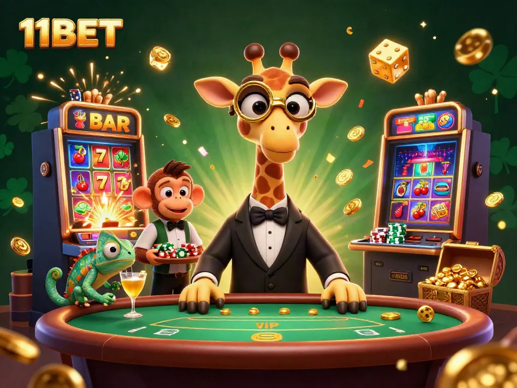 Experience excitement at 11BET with a dazzling 3D casino scene filled with vibrant characters and games.