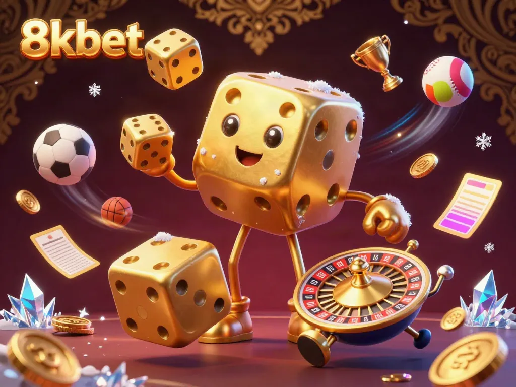 Experience thrilling gaming action with 8kbet's dynamic scene of gold dice and sports elements.