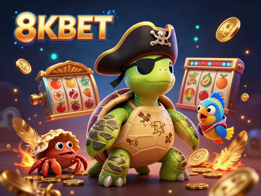 Engage with 8KBET’s vibrant world, featuring a 3D cartoon pirate turtle in a captivating casino scene.