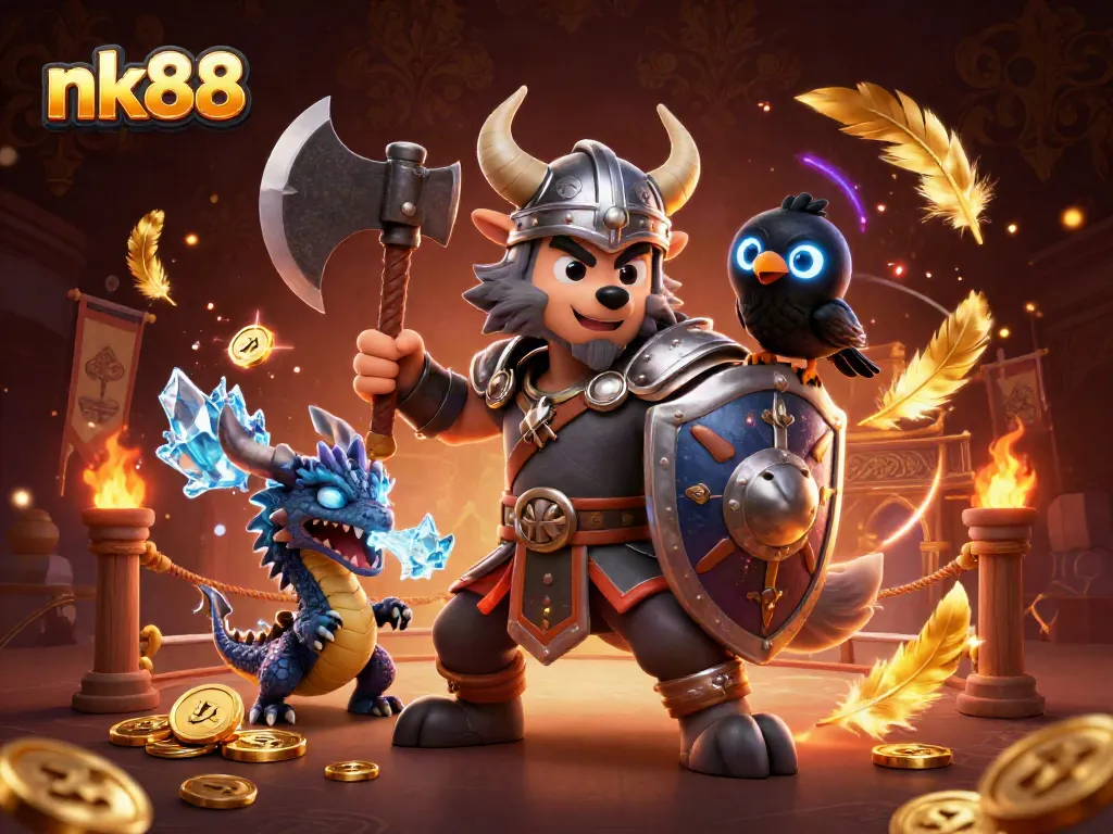 Engage in immersive betting at nk88 with a 3D illustration featuring a Viking warrior and magical creatures.