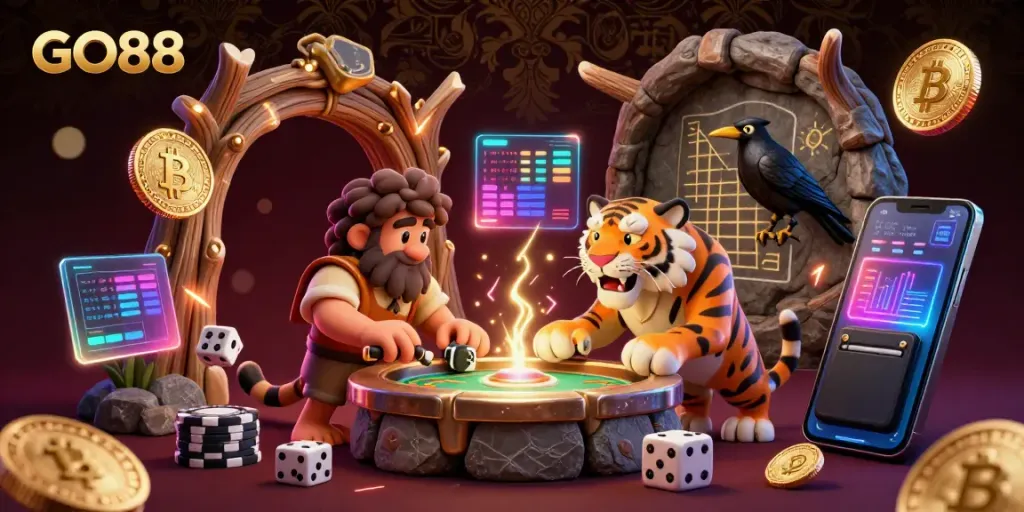 Engage with GO88's prehistoric casino experience featuring caveman and sabertooth duo amidst vibrant crypto elements.