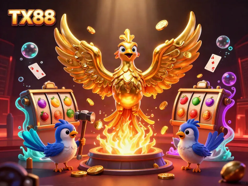 TX88 showcases an exciting scene of golden phoenix and gaming elements, highlighting thrilling casino action.