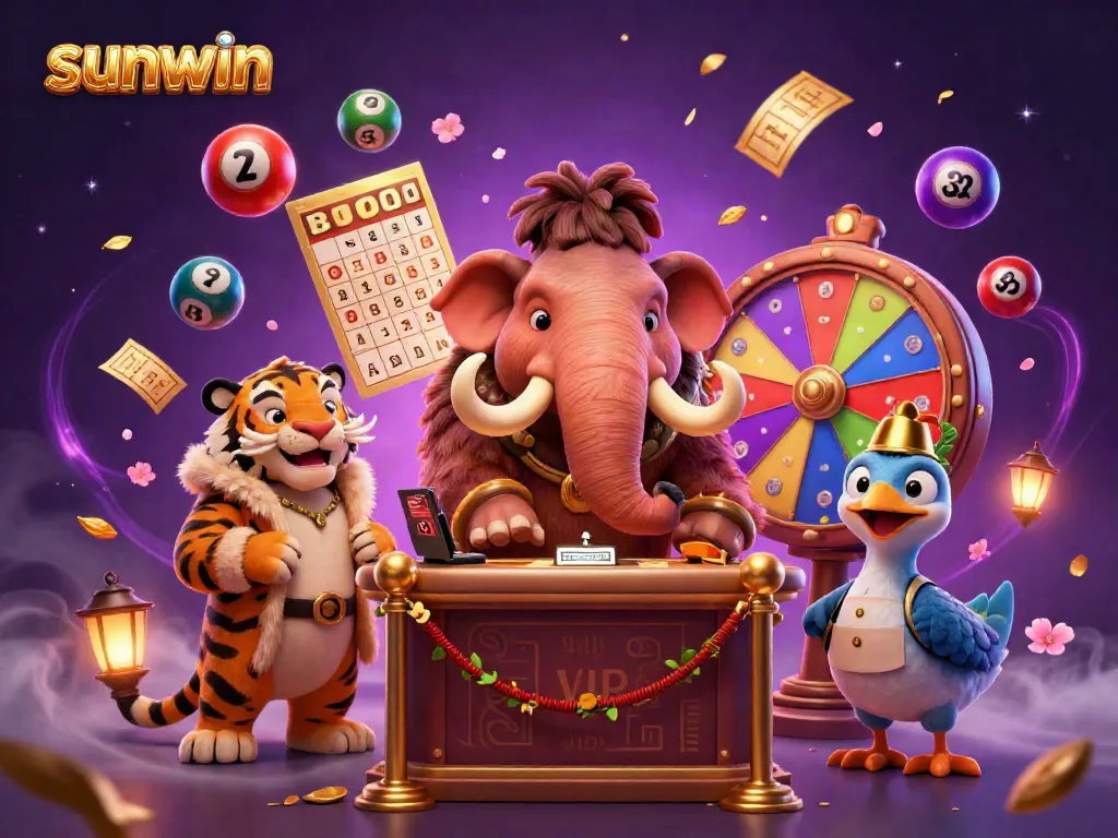 Experience thrilling jackpots with sunwin in this vibrant casino scene featuring colorful lottery elements.
