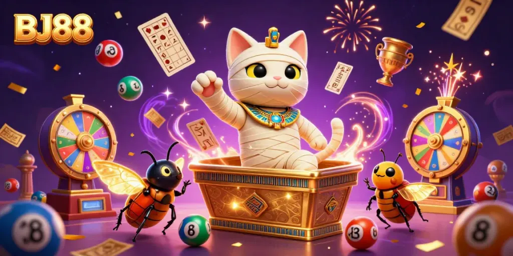 Engage with the vibrant world of BJ88 as a cartoon mummy cat and scarab beetle bring casino fun to life!