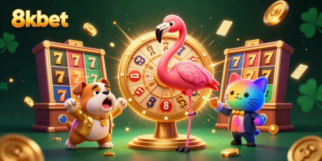Spin and win with 8kbet as cartoon characters celebrate at the jackpot wheel in this vibrant casino scene.