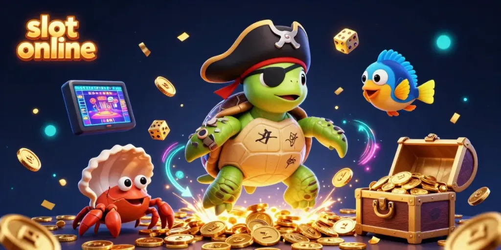 Experience slot online gaming with pirate turtle and treasure elements in a dynamic, colorful 3D illustration.