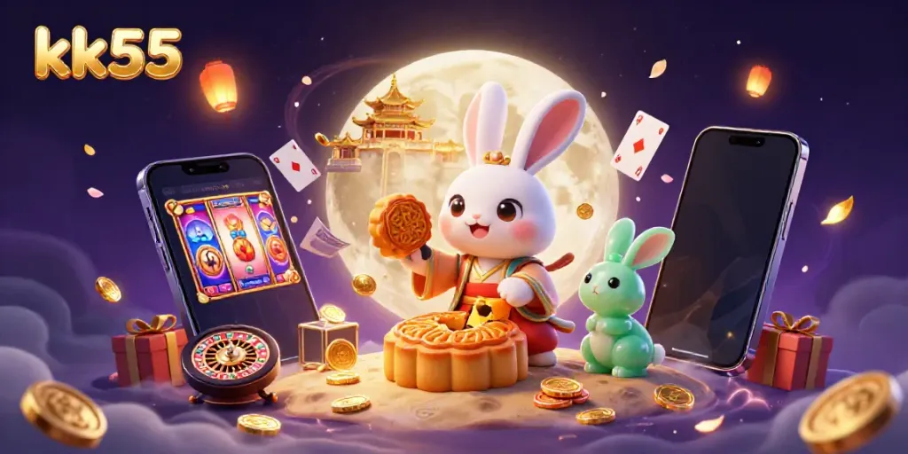 Experience thrilling wins with kk55 in a festive casino scene featuring the moon rabbit and gaming elements.