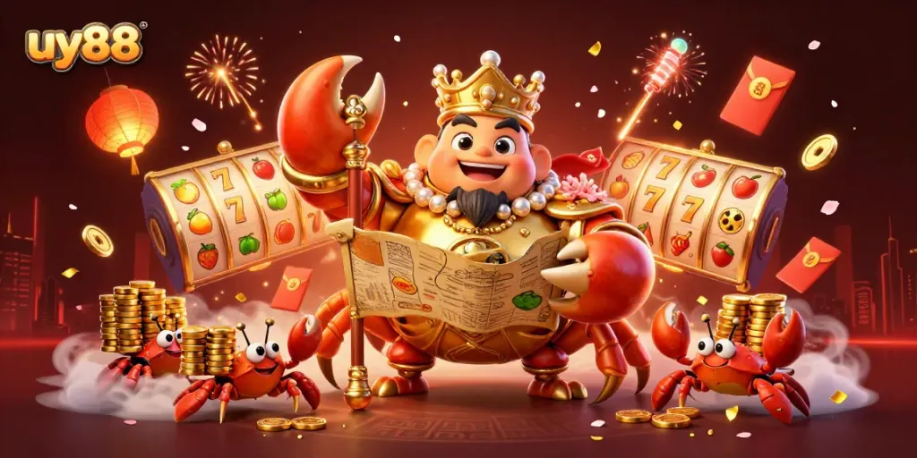 Experience the excitement of uy88 with a dynamic illustration featuring a golden crab emperor and vibrant slot symbols.
