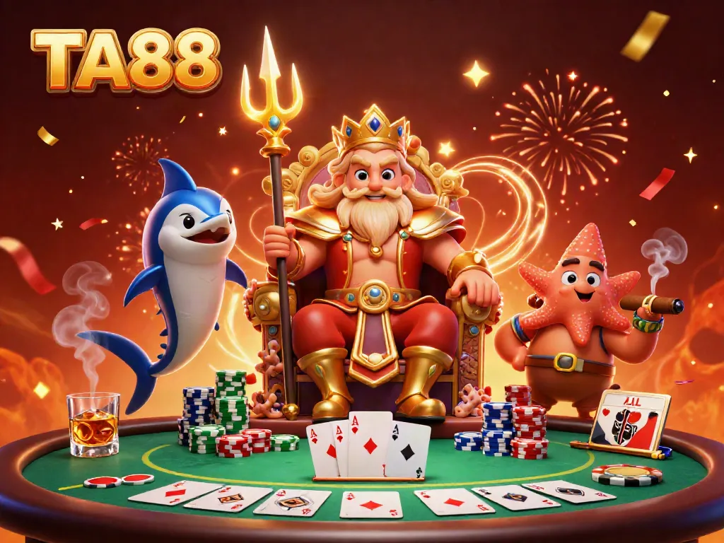 Engage in thrilling poker at TA88 with Neptune, a swordfish samurai, and starfish in a vibrant casino scene.