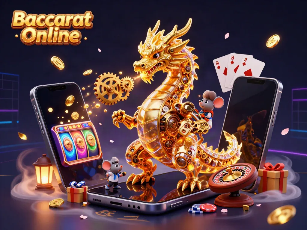 Baccarat Online scene with a golden dragon and a mouse engineer amidst casino games and vibrant graphics.