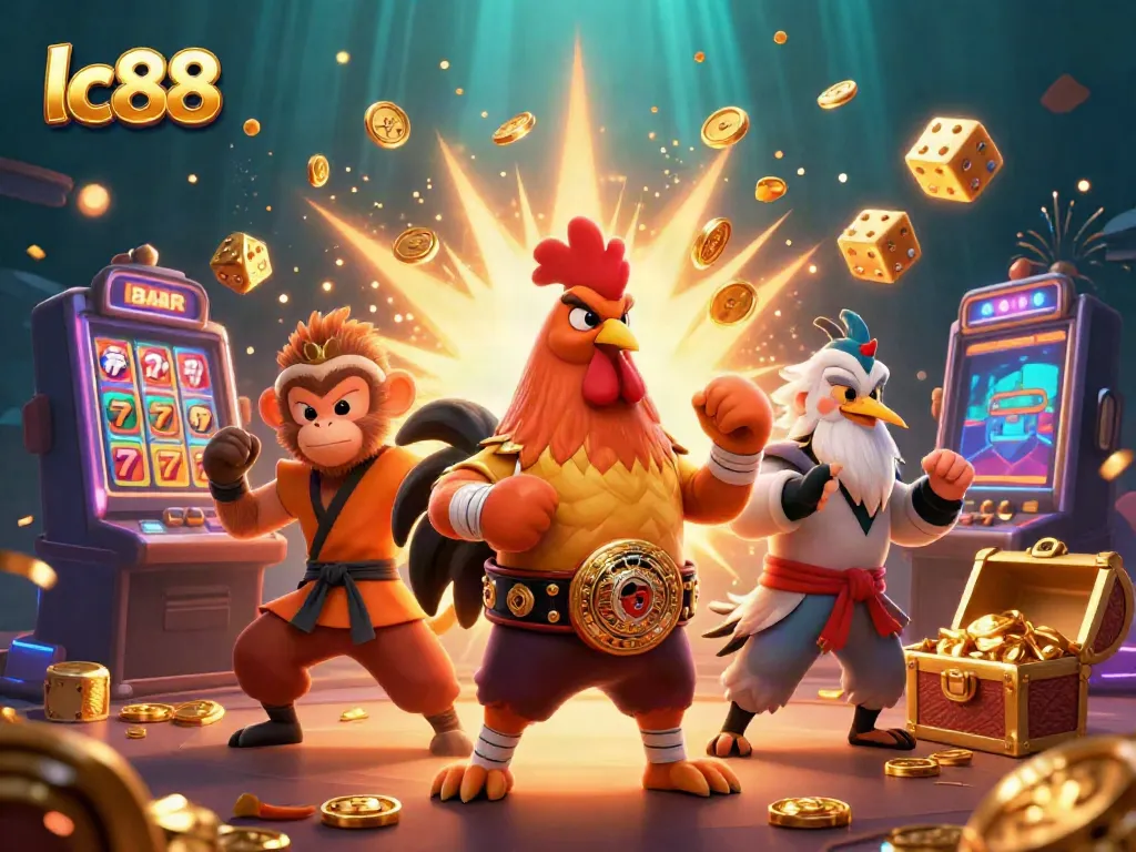 Experience exciting casino action with lc88 as characters celebrate a jackpot explosion.