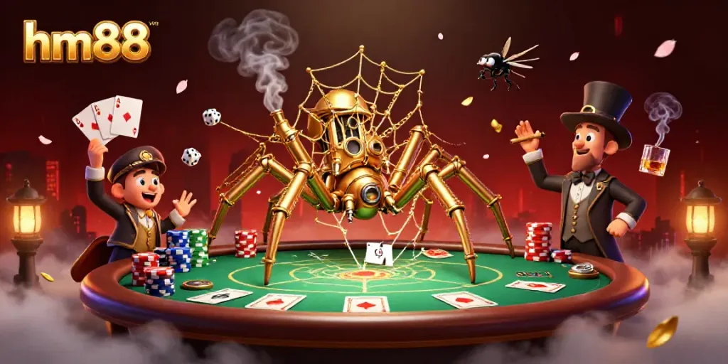 Catch the excitement of hm88 with a steampunk-themed poker scene featuring a golden spider.