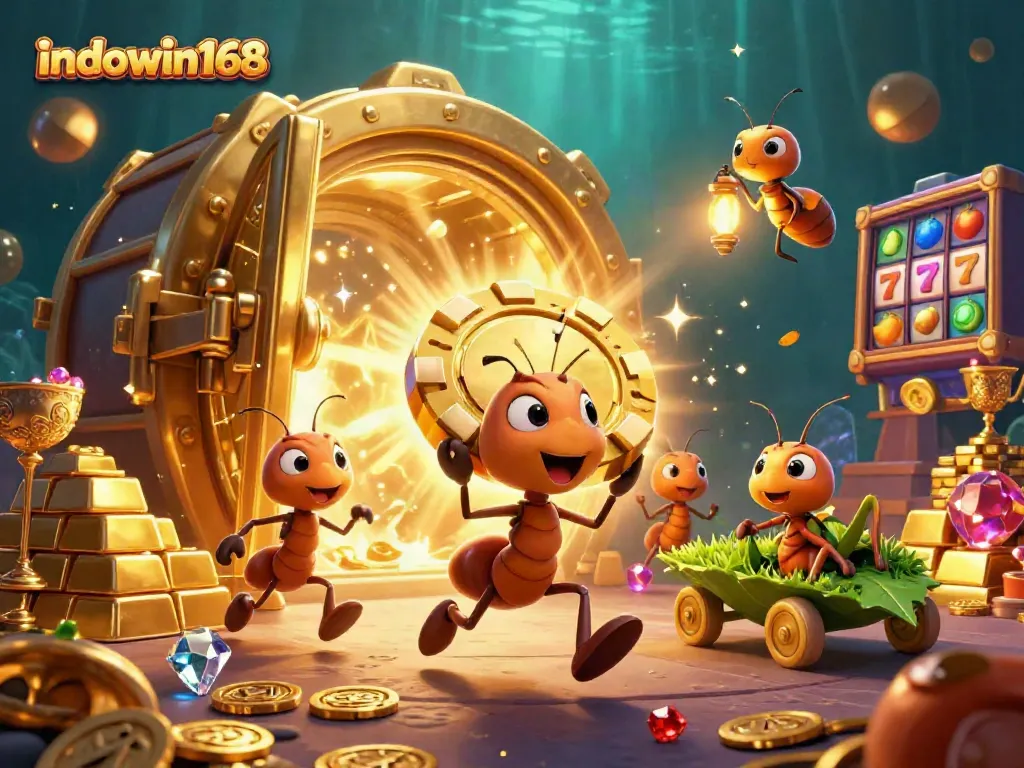 Experience the fun of slots with indowin168 as ants transport a giant poker chip in a dynamic scene.