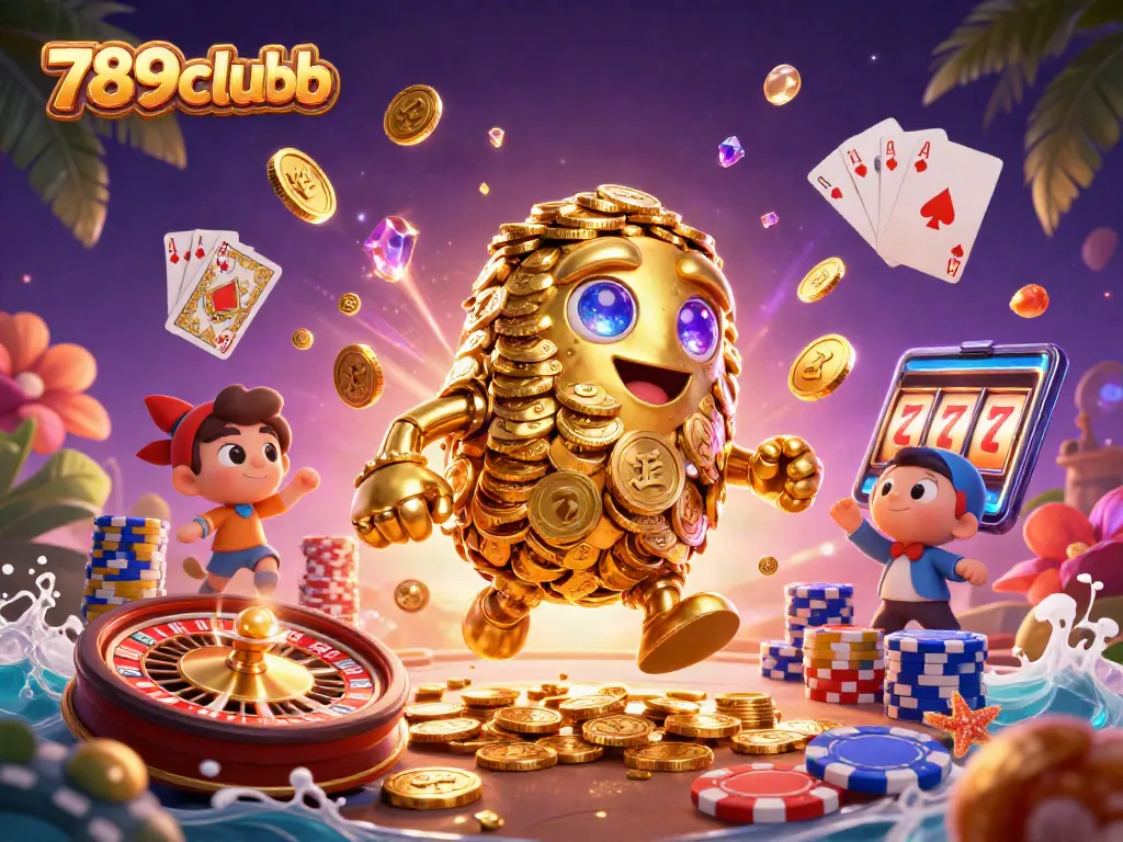 Spin the reels with 789clubb's vibrant 3D casino world of golden coins and gaming elements.