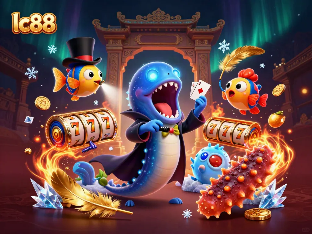 Engage in thrilling gameplay with lc88, a vibrant 3D casino scene featuring a deep-sea eel magician.