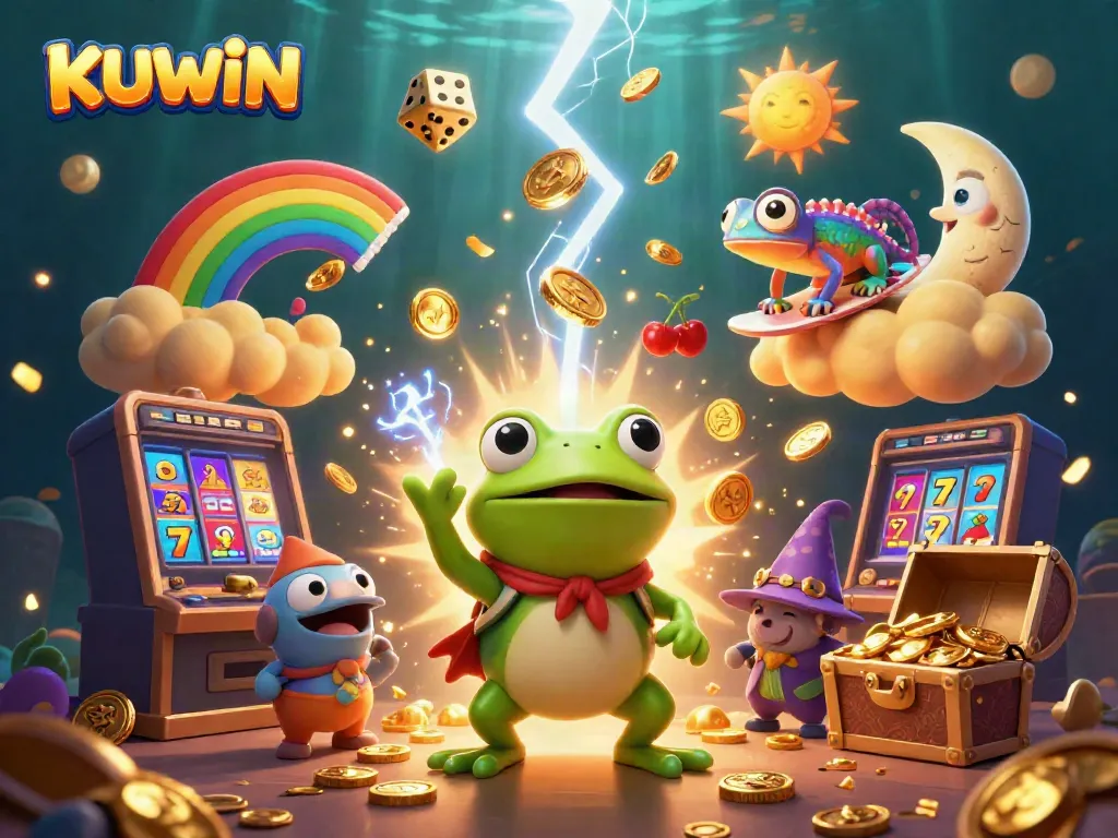 KUWIN engages players with a dynamic scene of a frog wizard and chameleon amidst casino excitement.