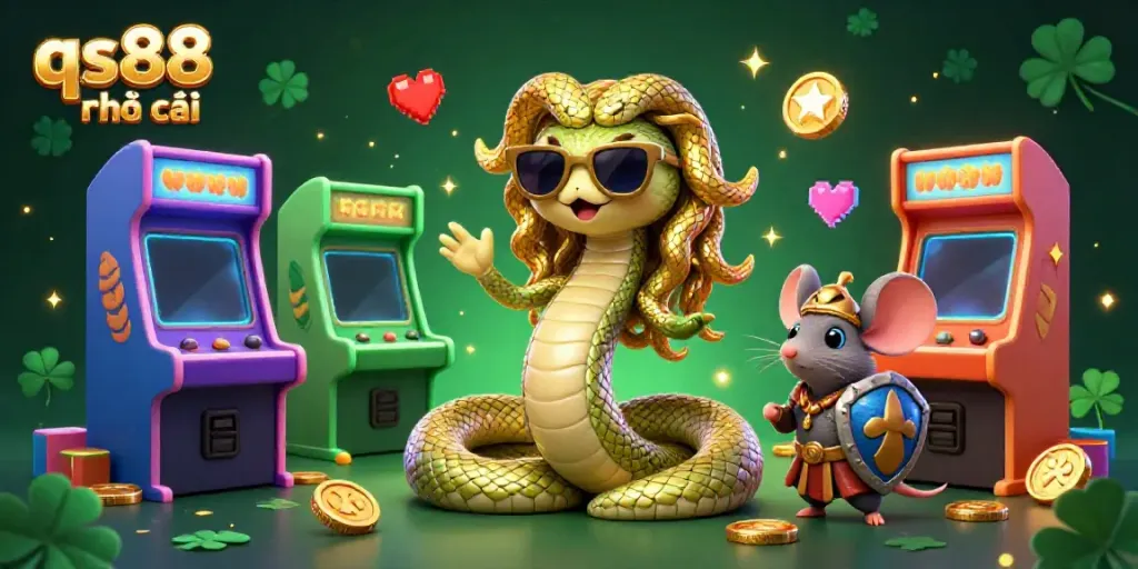 Experience excitement at qs88 nhà cái with colorful arcade games and striking characters in a vibrant casino setting.