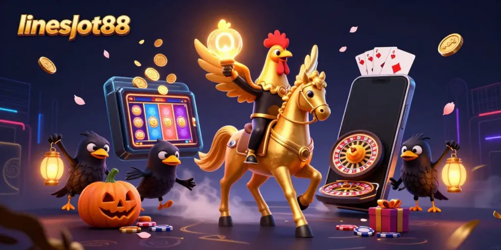 Experience the thrill of lineslot88 as the golden rooster ventures through a vibrant casino.