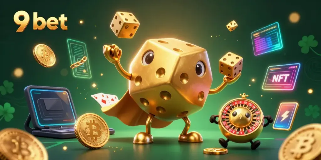 Experience the excitement of 9 bet with a dynamic scene of a golden dice golem and crypto elements.