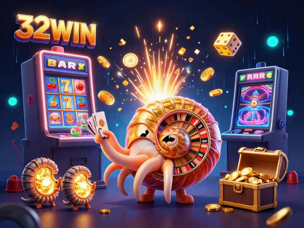 Engage with 32WIN's dynamic gaming world, featuring a giant nautilus roulette wheel and vibrant slot jackpots.