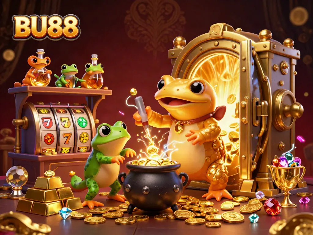 Engage in thrilling casino gameplay at BU88 with golden rewards and iconic slot elements.