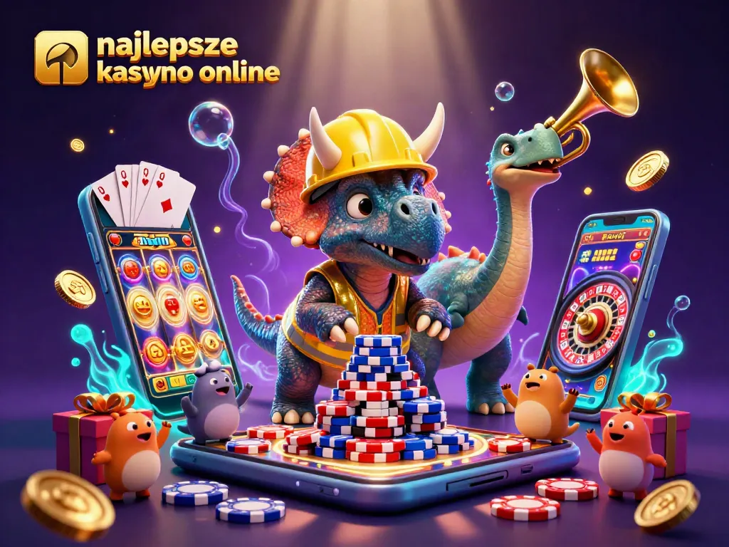 Engage in fun at najlepsze kasyno online with cheerful dinosaurs celebrating wins and vibrant game elements.