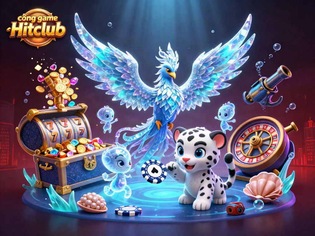 Cổng game Hitclub features a dynamic 3D illustration, showcasing playful characters and casino elements.