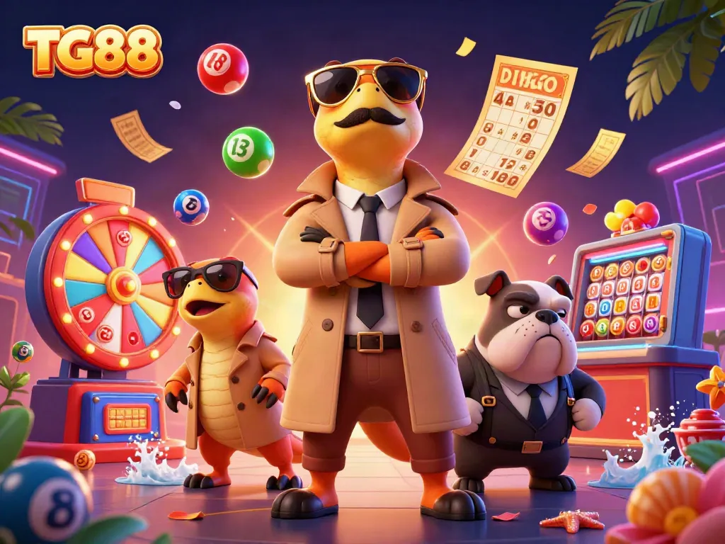 Experience the excitement of TG88 casino with raptors and a bulldog bouncer in a vibrant lottery scene.