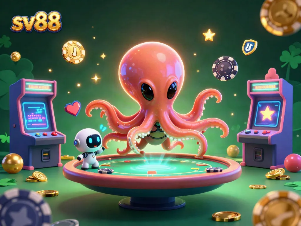 Play with sv88 at a futuristic casino depicted with a cartoon alien octopus and engaging gaming elements.