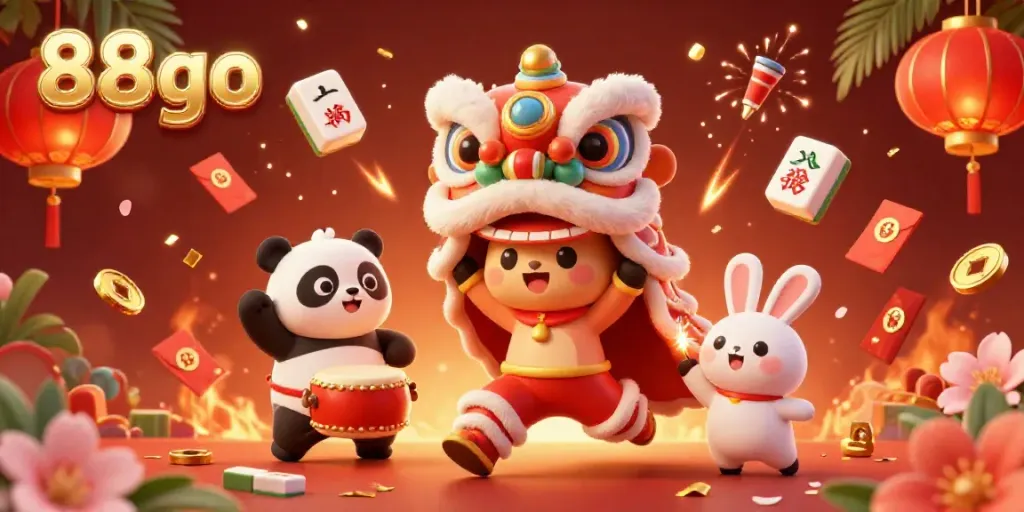 Engage with the vibrant 88go illustration featuring festive characters and casino elements for an exciting online gaming experience.