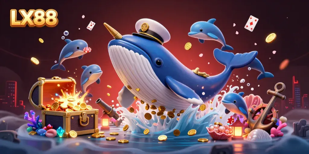 Experience the excitement of casino games with LX88 as underwater creatures celebrate in a treasure-filled scene.