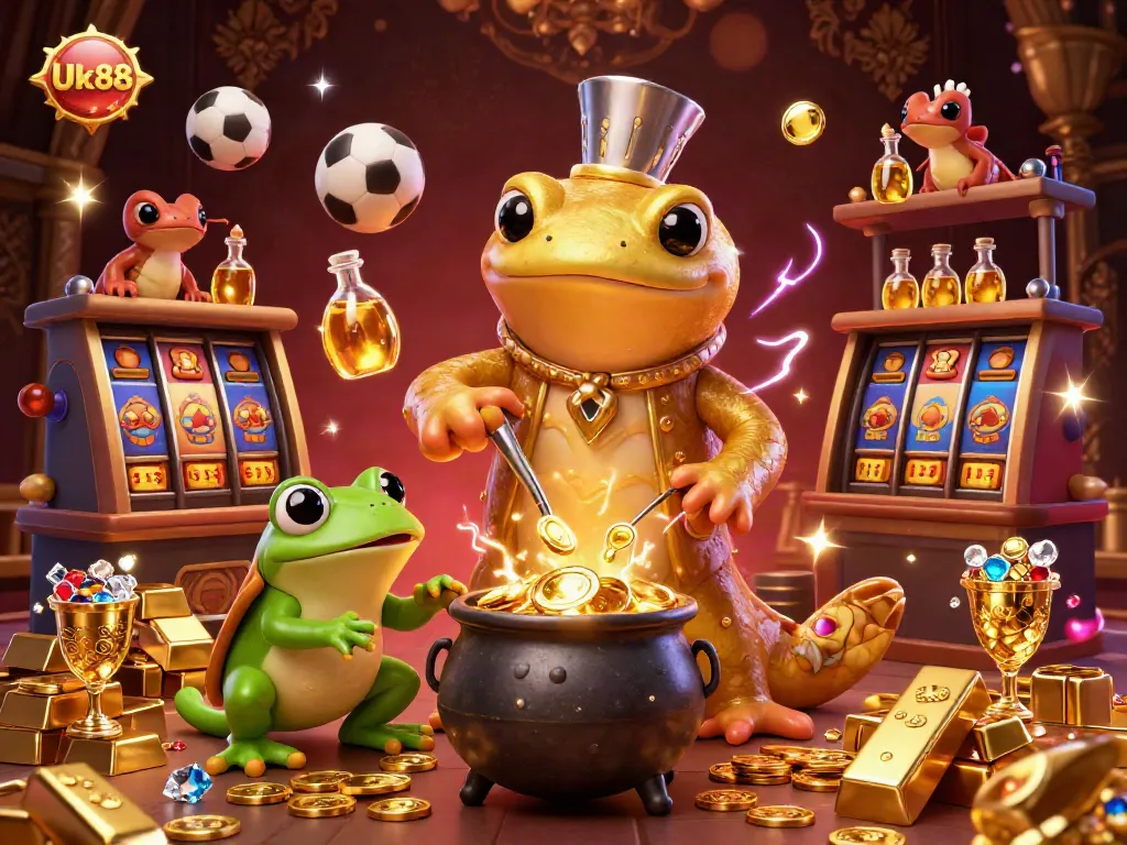 Experience the excitement of Uk88 with a vibrant 3D rendering of casino elements, gold coins, and lively characters.