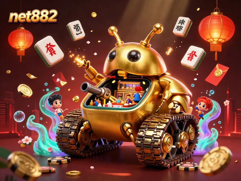 Experience the thrill of net882's casino action with a celebratory scene of a golden beetle tank and vibrant elements.