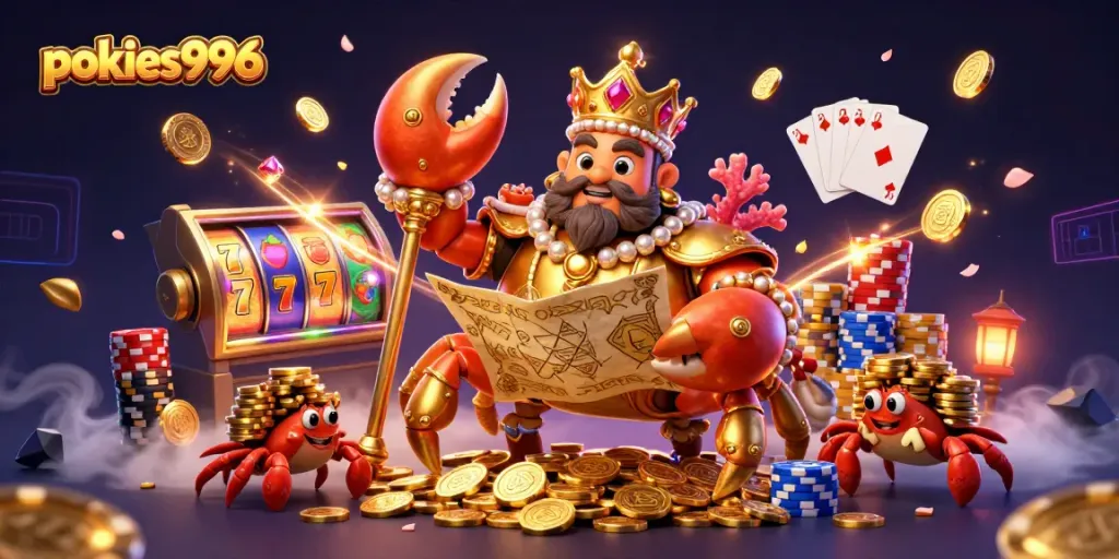 Experience thrilling gameplay at pokies996 with a golden crab emperor amidst vibrant casino elements.