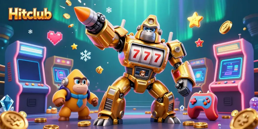 Experience the excitement of Hitclub with a dynamic gorilla mech surrounded by casino elements and rewards.