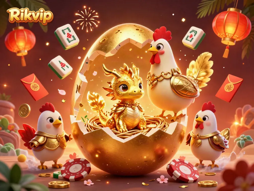 Experience the thrill of Rikvip with a vibrant, animated 3D scene showcasing a golden baby dragon and poker chips.