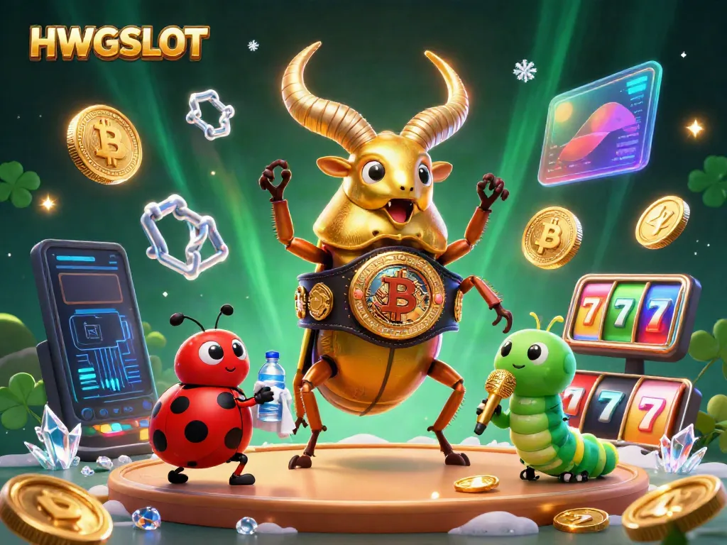 Experience the vibrant HWGSLOT gaming scene with animated characters, cryptocurrency coins, and slot elements.