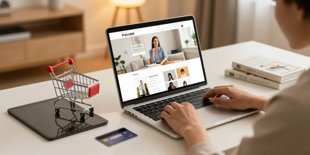 Buy replica bags online, showcasing a cozy shopping experience on an e-commerce website with a warm atmosphere.