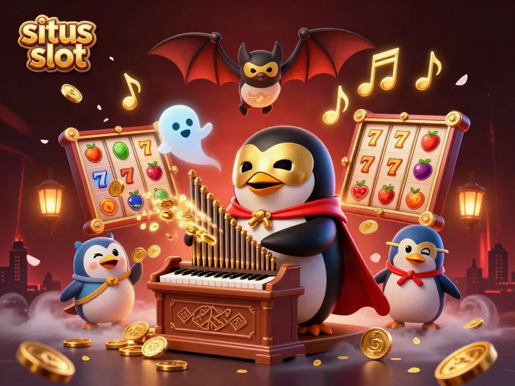 Situs slot illustration featuring a cartoon penguin playing an organ with golden coins, capturing a vibrant casino scene.