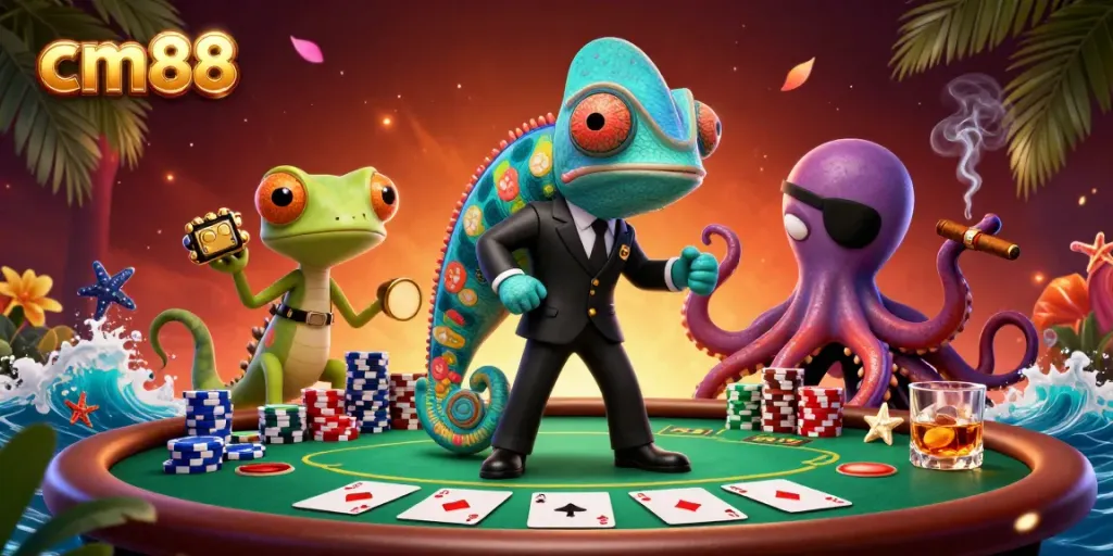 Experience thrilling gameplay with CM88 in this dynamic poker scene filled with vibrant characters and action.