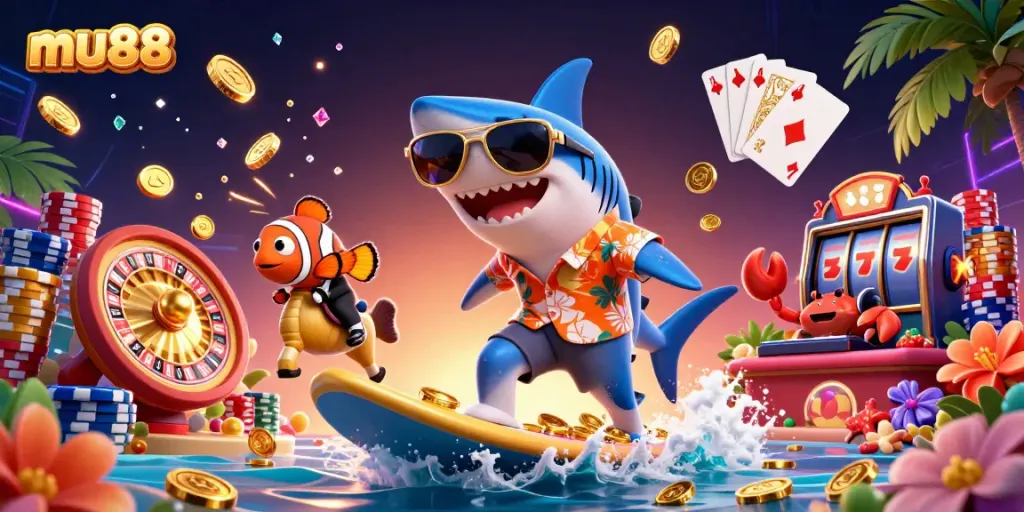Experience the thrill of mu88 with a vivid 3D casino scene featuring vibrant characters and sparkling game elements.
